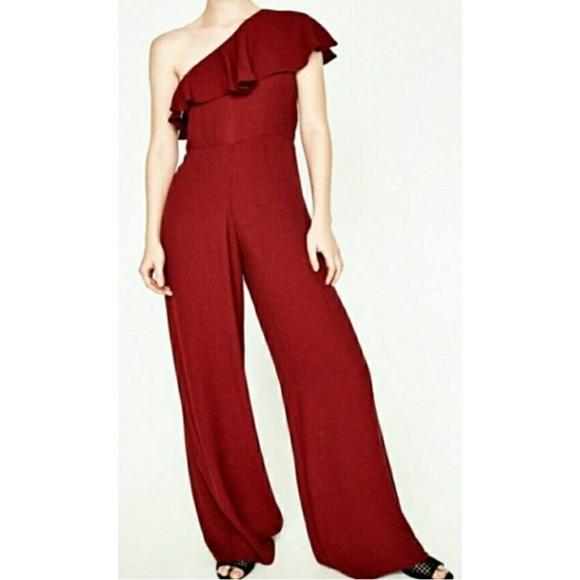 Zara Pants & Jumpsuits Zara Red Jumpsuit One Shoulder Ruffle Long Formal Poshmark